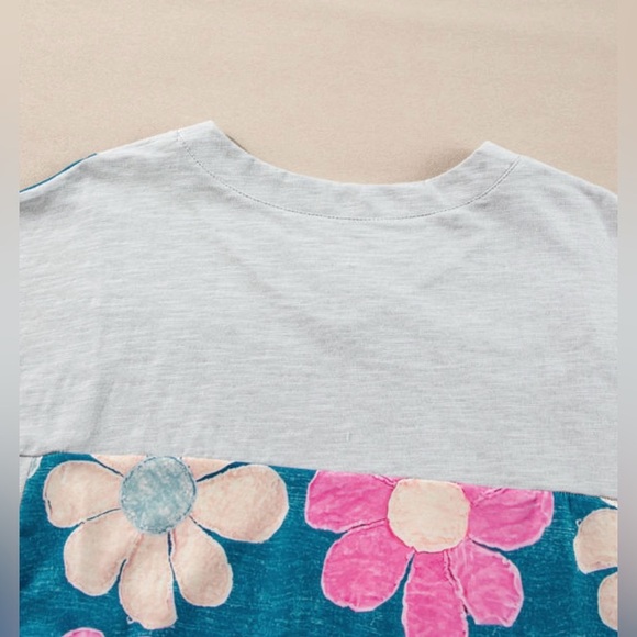 Floral V-Neck Women's Top - Green and Pink - Picture 12 of 15